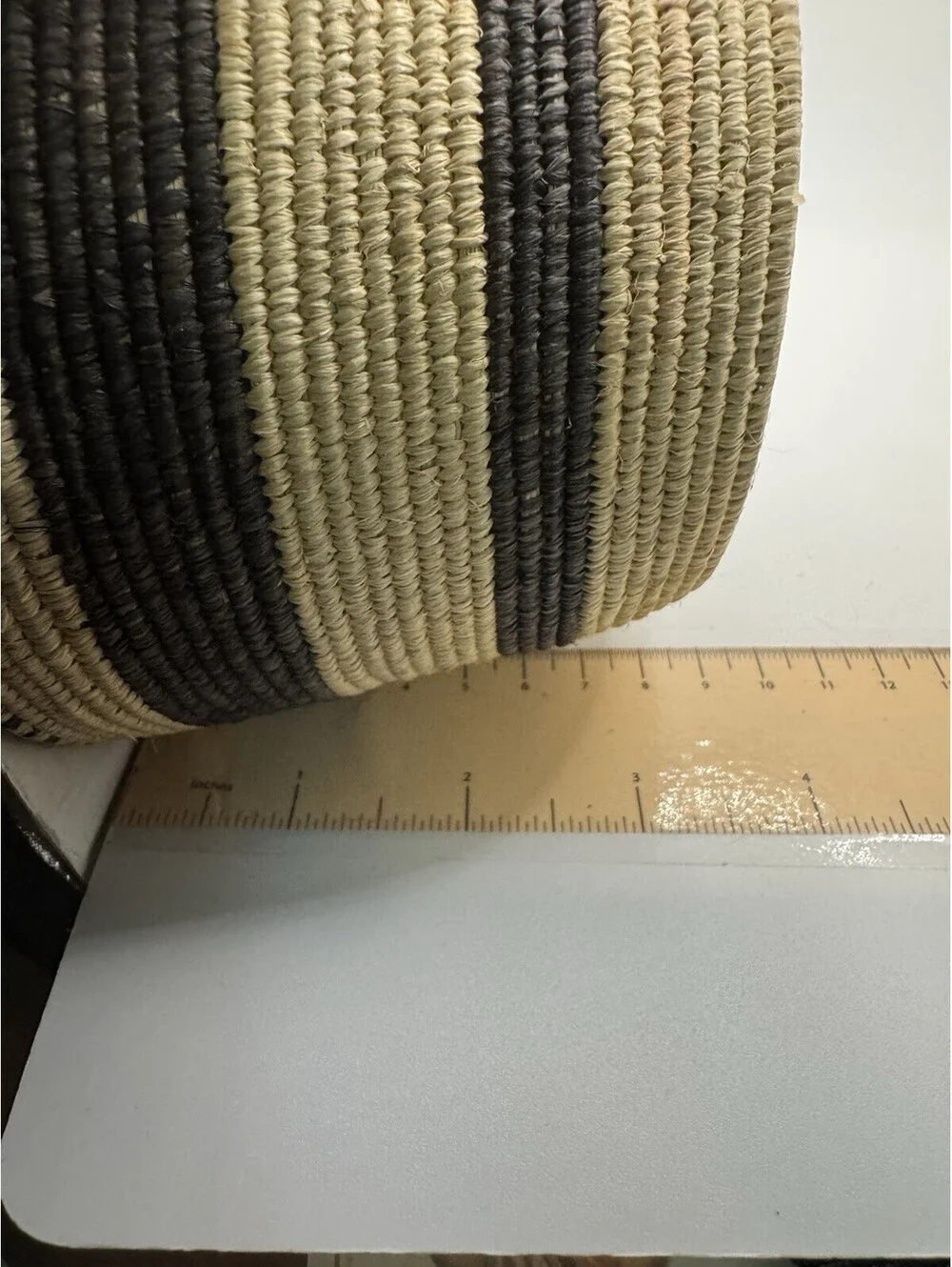 Handwoven Coiled Striped Basket Natural Fiber Boho Tribal Decor Brown Beige 7.5